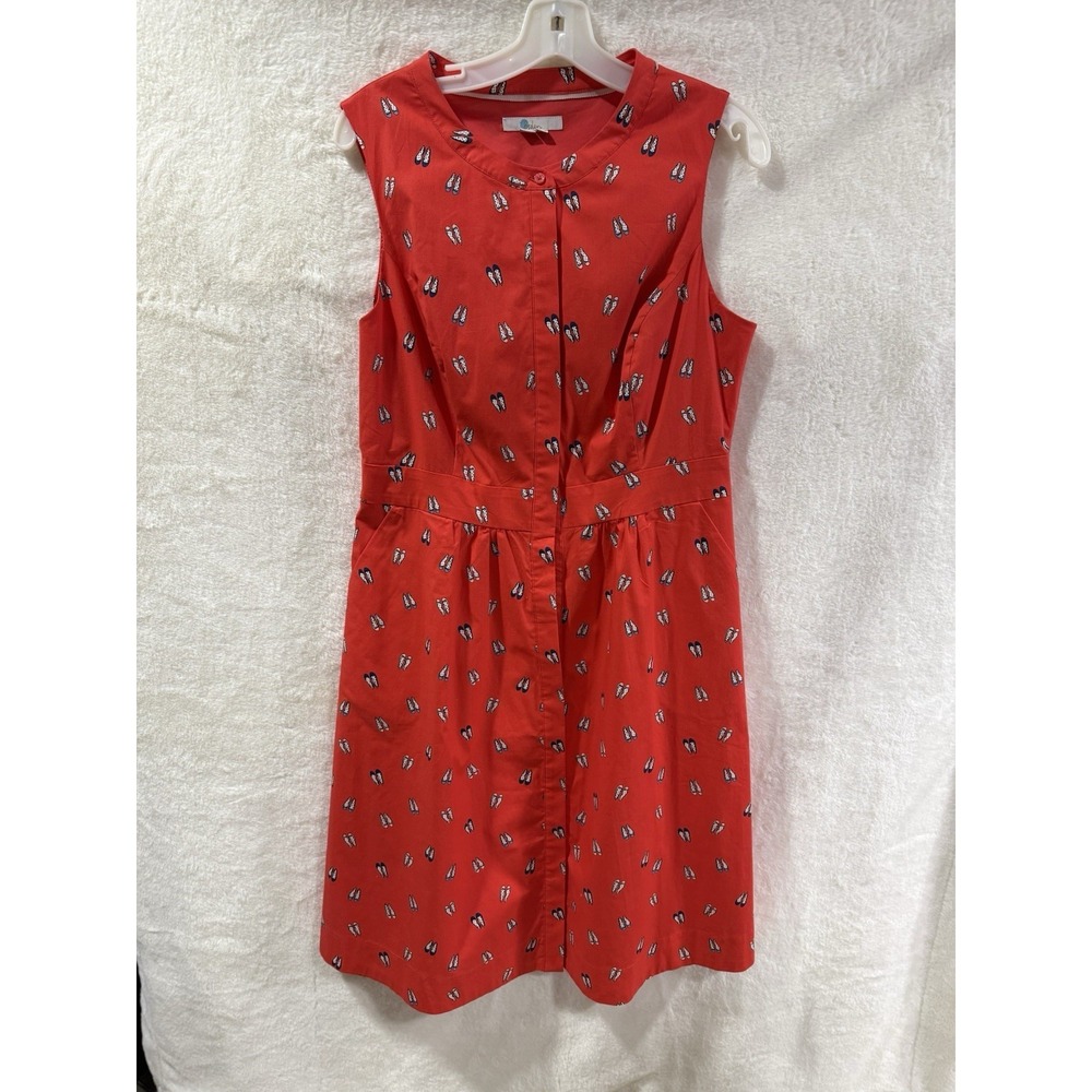 Boden 10R  Red Sleeveless Lined Button Front Shirt Dress Pockets Flats Pattern - Picture 2 of 6